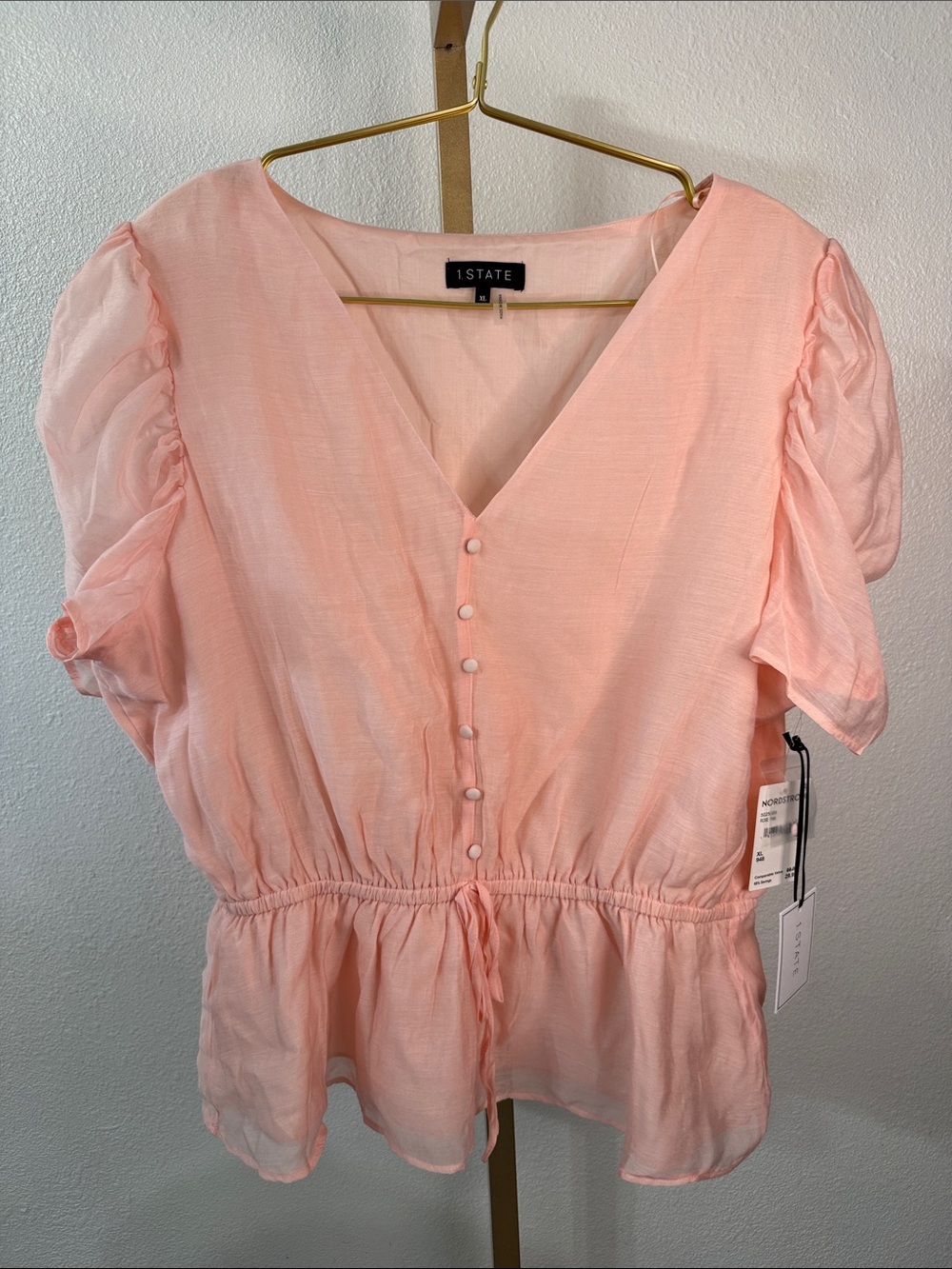 1 STATE Light Pink Puff Sleeve V-Neck Drawstring Peplum Top- XL